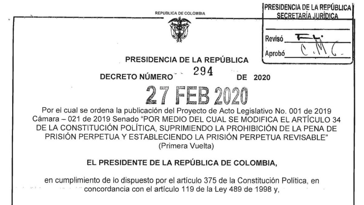 Cadena Perpetua Proyecto de Acto Legislativo N° 001 de 2019