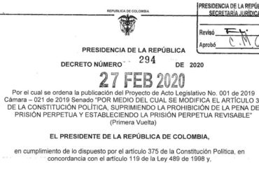Cadena Perpetua Proyecto de Acto Legislativo N° 001 de 2019
